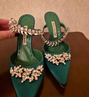Manolo Blahnik Embellished Green Satin Mules 3
