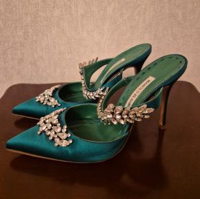 Manolo Blahnik Embellished Green Satin Mules 4