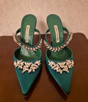 Manolo Blahnik Embellished Green Satin Mules 2