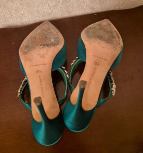 Manolo Blahnik Embellished Green Satin Mules 9