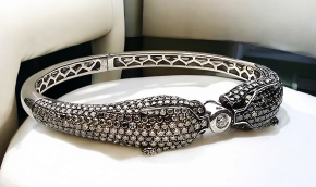 Bespoke Pave Set Black And White Diamond Panther Bangle 8