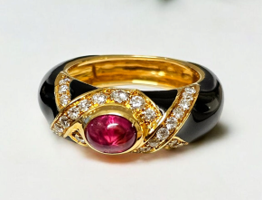 Bespoke Cabouchon Ruby, Diamond And Enamel Ring 7