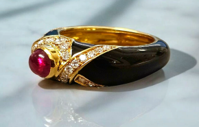 Bespoke Cabouchon Ruby, Diamond And Enamel Ring 8