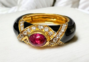 Bespoke Cabouchon Ruby, Diamond And Enamel Ring 9