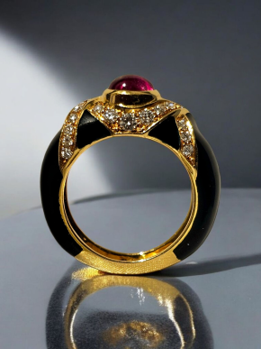 Bespoke Cabouchon Ruby, Diamond And Enamel Ring 3