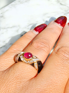 Bespoke Cabouchon Ruby, Diamond And Enamel Ring 2