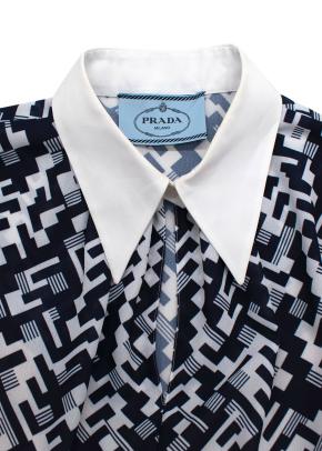 Prada Geometic Navy Pleated Dress with Velvet Belt 3