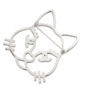 Chanel Silver Crystal Cat Brooch Pin 2