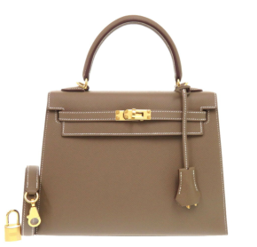 HERMÈS  Epsom Kelly 25 Etoupe with White Contrast Stitching and Gold Hardware 2