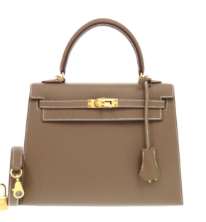 HERMÈS  Epsom Kelly 25 Etoupe with White Contrast Stitching and Gold Hardware 3
