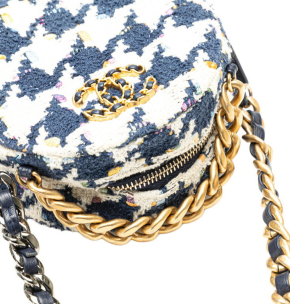 Chanel Navy and White 2020 Tweed 19 Round Clutch With Chain 10