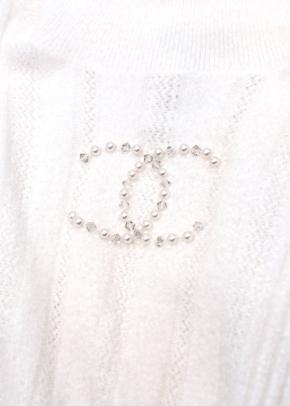 Chanel Faux Pearly and Crystal CC  Short Sleeved Ribbed Knit Top 11