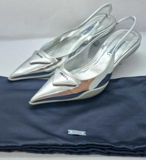 Prada TSilver riangle-Logo Plaque Leather Slingback Pumps 2