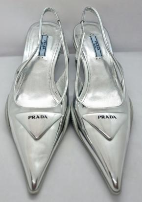Prada TSilver riangle-Logo Plaque Leather Slingback Pumps 3
