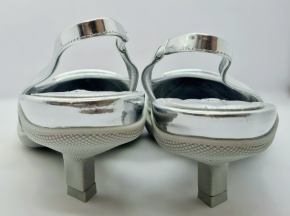 Prada TSilver riangle-Logo Plaque Leather Slingback Pumps 6