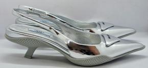 Prada TSilver riangle-Logo Plaque Leather Slingback Pumps 5