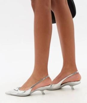 Prada TSilver riangle-Logo Plaque Leather Slingback Pumps 9