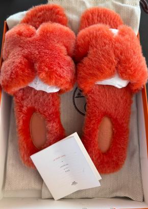 Hermes Orange Shearling Oran Sandals 2