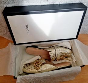 Gucci Marmont Gold Leather Flat Mules 9
