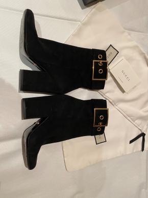 Gucci Black Suede Buckle Detail Heeled Ankle Boots 10