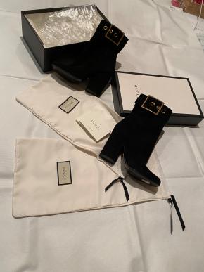 Gucci Black Suede Buckle Detail Heeled Ankle Boots 7