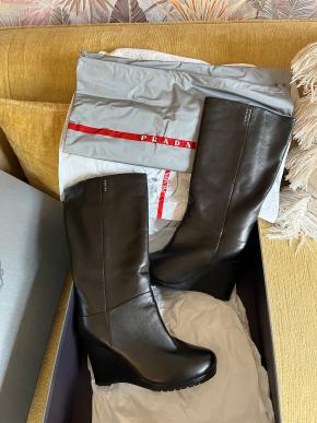 Prada Black Leather Eddy Wedge Boots 3