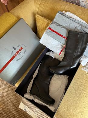 Prada Black Leather Eddy Wedge Boots 6