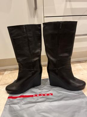 Prada Black Leather Eddy Wedge Boots 8