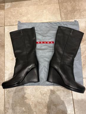 Prada Black Leather Eddy Wedge Boots 9