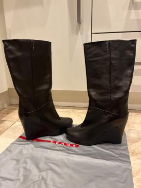 Prada Black Leather Eddy Wedge Boots 10