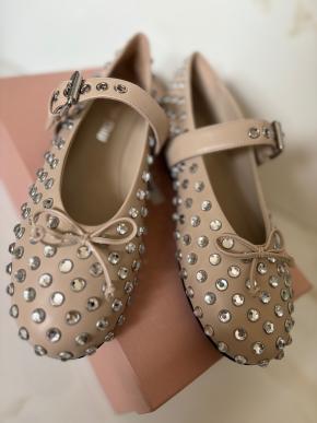 Miu Miu Nude Leather Crystal Studded Ballerina Flats 2