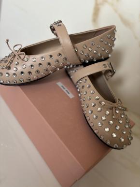 Miu Miu Nude Leather Crystal Studded Ballerina Flats 10
