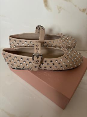 Miu Miu Nude Leather Crystal Studded Ballerina Flats 3