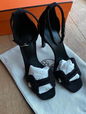 Hermes Black Suede Joy 105 Rhinestone Ankle Strap Pumps  37.5 3