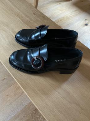 Prada Black Leather Circular Buckle Loafers 2