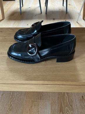 Prada Black Leather Circular Buckle Loafers 3