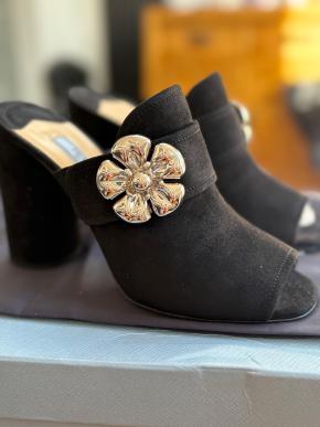 Prada Embellished Black Suede Heeled Mules 2