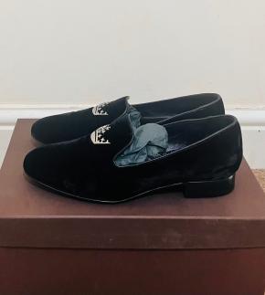 Church's Navy Velvet Crystal Silver Crown Loafers 9