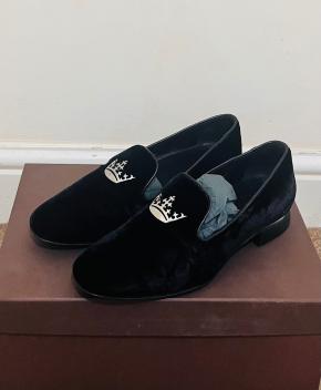 Church's Navy Velvet Crystal Silver Crown Loafers 2