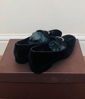 Church's Navy Velvet Crystal Silver Crown Loafers 10