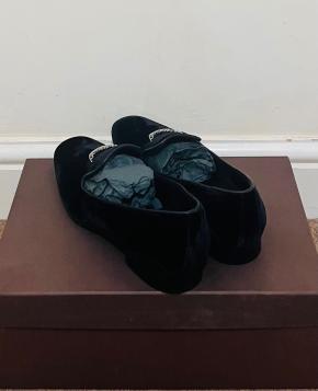 Church's Navy Velvet Crystal Silver Crown Loafers 12