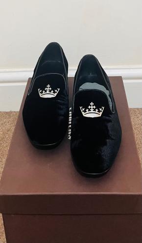 Church's Navy Velvet Crystal Silver Crown Loafers 13