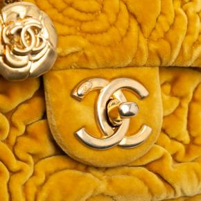 Chanel Mustard Mini Square Velvet Camellia Embossed Flap 7