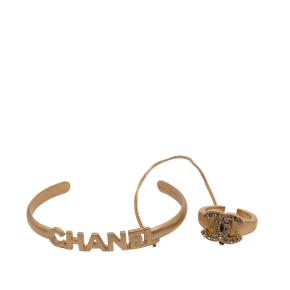 Chanel  Gold Plated Rhinestone and Logo Cuff Bracelet and Ring Set 2