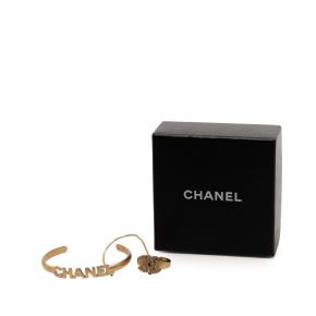 Chanel  Gold Plated Rhinestone and Logo Cuff Bracelet and Ring Set 6