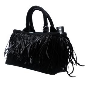 Prada Black Small Feather Trimmed Canvas Canapa Satchel 2