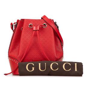 Gucci Red Leather Medium Diamante Calfskin Studded Bright Bucket Bag 9