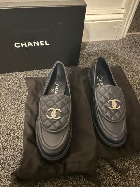 Chanel Navy Blue Leather Moccasins 10