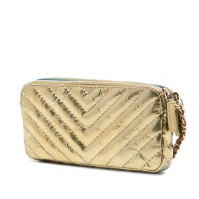 Chanel Gold  Chevron Metallic Lambskin Double Zip Wallet on Chain 2
