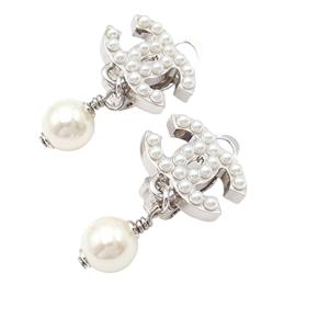 Chanel CC Silver Plated Faux Pearl Drop Clip On Earrings 2